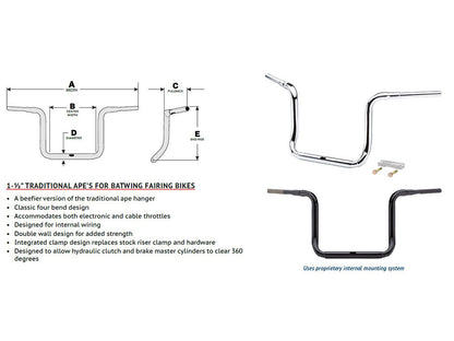 14in. x 1-1/2in. Grande Traditional Ape Handlebar - Chrome. Fits Ultra Models 2014up and Street Glide 2014-2023
