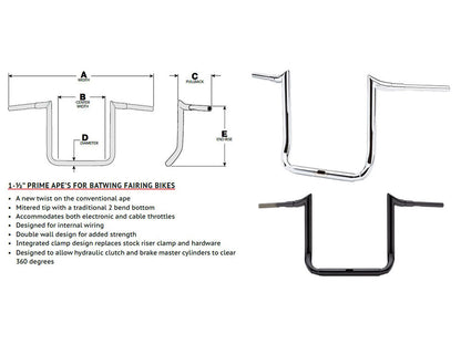 14in. x 1-1/2in. Grande Prime Ape Handlebar - Gloss Black. Fits Ultra Models 2014up and Street Glide 2014-2023