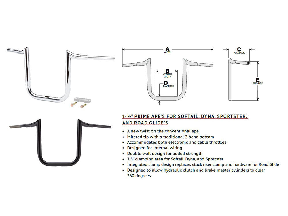 10in. x 1-1/2in. Grande Prime Ape Handlebar - Gloss Black. Fits Road Glide 2015-2023 & Road King Special 2017up