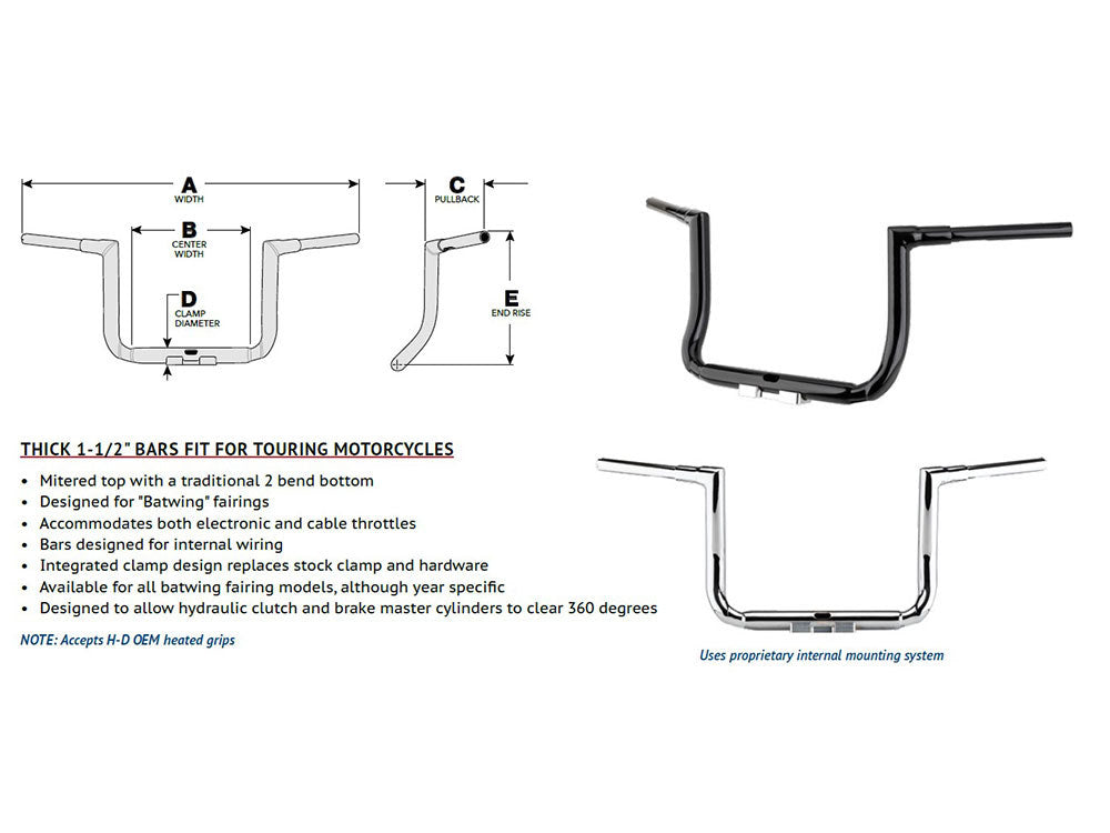 16in. x 1-1/2in. Grande Twin Peaks Handlebar - Gloss Black. Fits Ultra Models 2014up and Street Glide 2014-2023