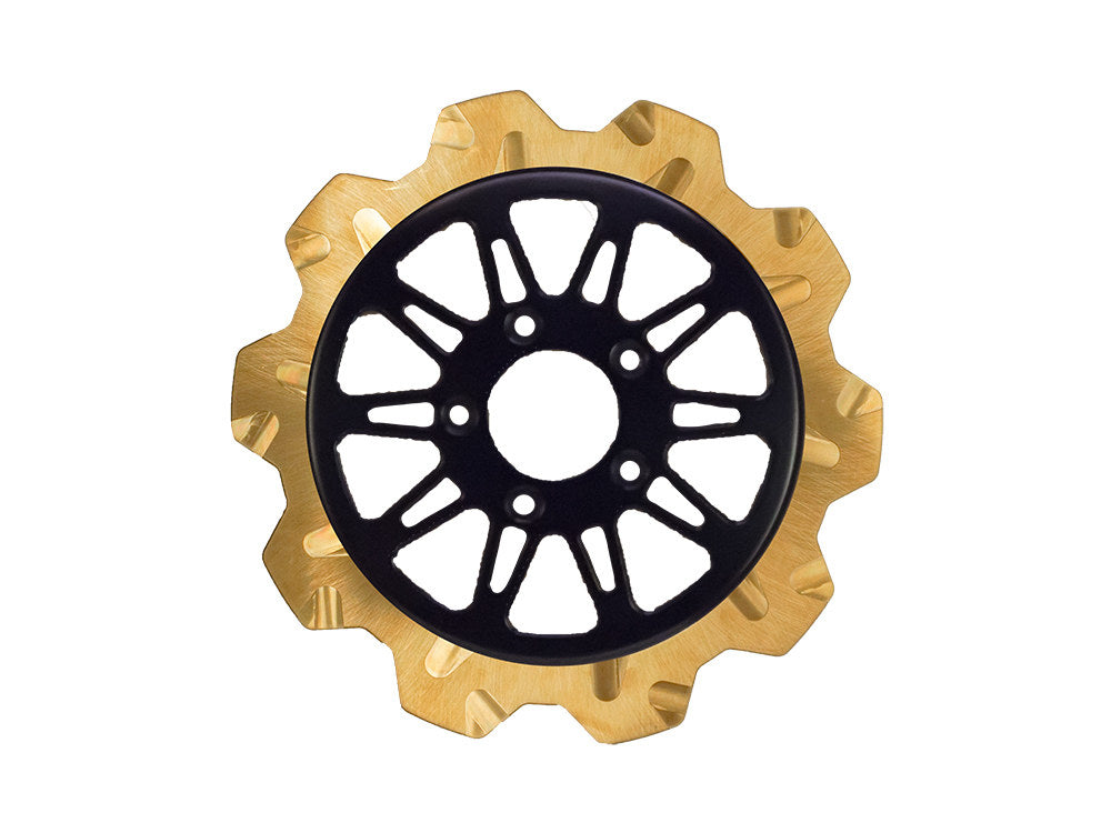 11.8in. Front Omega Crown Disc Rotor - Gold Band & Black Carrier. Fits Dyna 2006-2017, Softail 2015up, Sportster 2014-2021 & Some Touring 2008up.