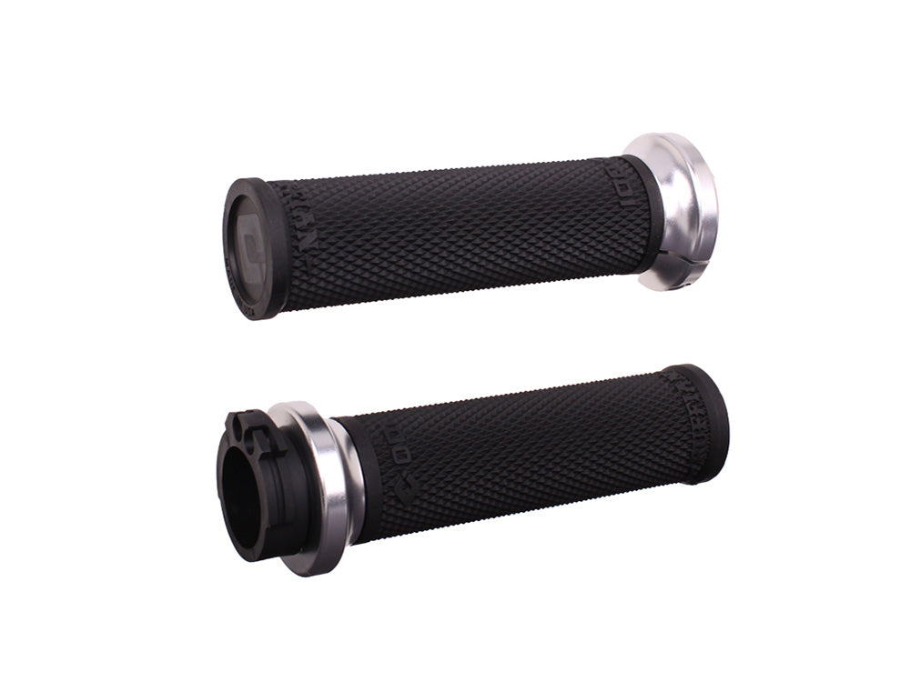 Ruffian Lock-On Handgrips - Black/Silver. Fits H-D with Throttle Cable.