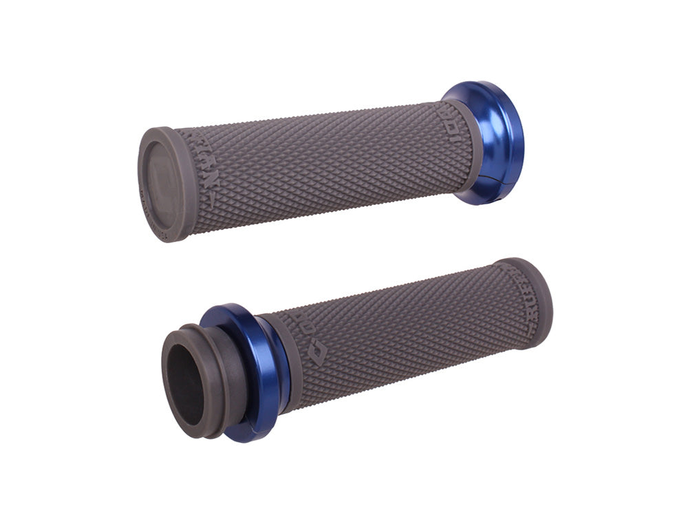 Ruffian Lock-On Handgrips - Graphite/Blue. Fits Big Twin 2008-2024 with Throttle-by-Wire