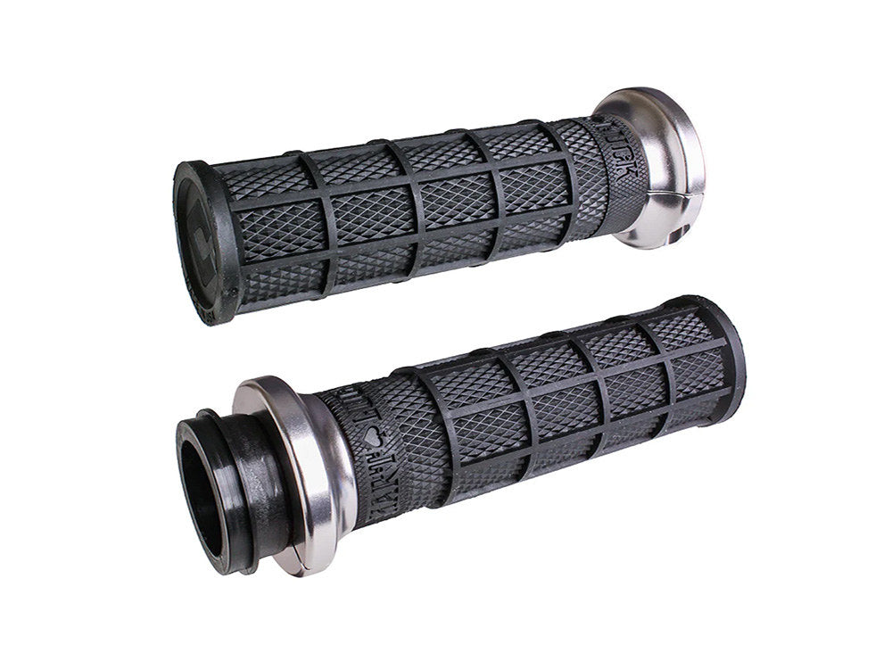 Hart-Luck Full Waffle Lock-On Handgrips - Silver. Fits Big Twin 2008-2024 with Throttle-by-Wire