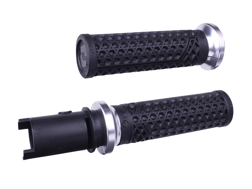 Vans Signature Lock-On Handgrips - Black/Silver. Fits CVO Touring 2023up, Street Glide & Road Glide 2024up, Touring 2025up & Softail 2025up