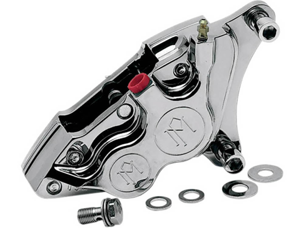 Right Hand Front 4 Piston Caliper - Chrome. Fits most Big Twin 1984-1999 with 11.5in. Disc Rotor.