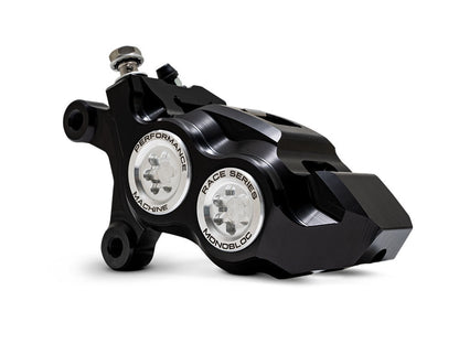 Left Hand Front 4 Piston Race Series Caliper - Black & Chrome. Fits Softail 2015up, V-Rod 2006-2017, Touring Most 2008-2024 & Sportster 2014-2021