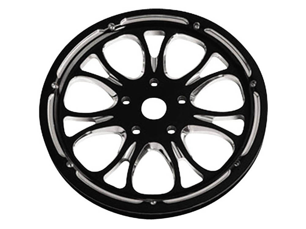 66 Tooth x 1in. wide Heathen Pulley - Black Contrast Cut Platinum. Fits Softail 2012up, Softail 2007up with 150 Rear Tyre & Touring 2007-2008.