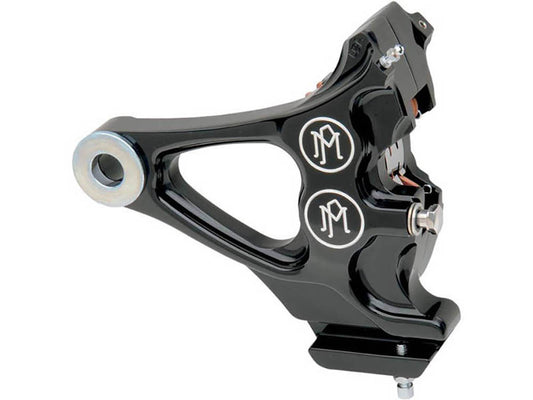 Right Hand Rear Integrated 4 Piston Caliper & Mounting Bracket - Black Contrast Cut. Fits Softail 1987-1999 with 3/4in. Rear Axle.
