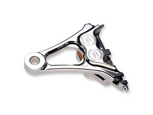 Right Hand Rear Integrated 4 Piston Caliper & Mounting Bracket - Chrome. Fits Softail 2006-2007 with 3/4in. Axle & 200 Rear Tyre.