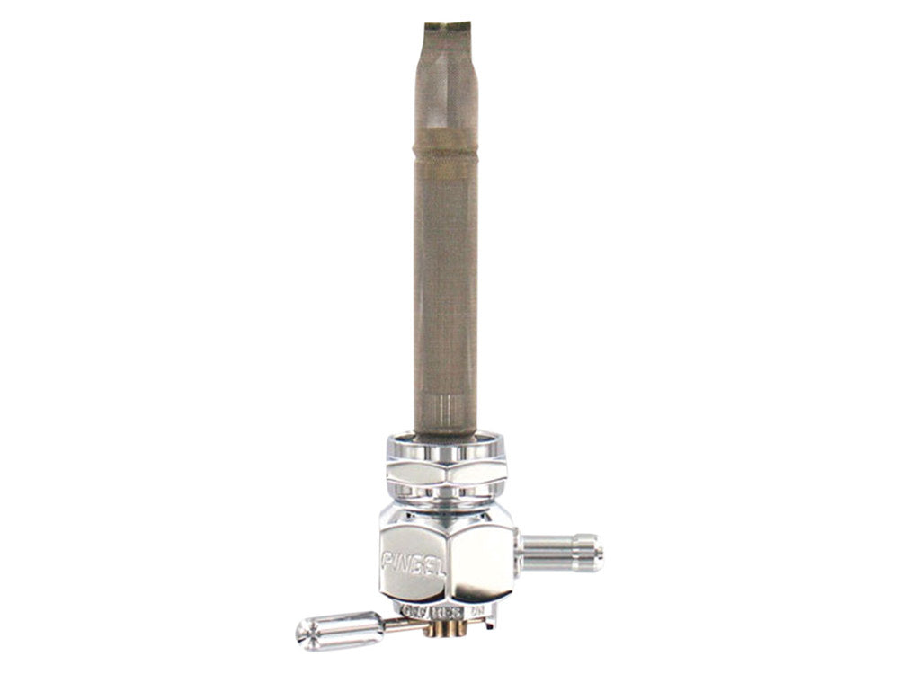 High-Flow Fuel Tap / Petcock with 22mm Thread, 5/16in. Backward Facing Fuel Outlet - Chrome. Fits Softail 1984-2006, Dyna 1991-2006, FXR 1982-1994, Touring 1988-2006, Sportster 1975-2006 & 4Spd Big Twin 1975-1986