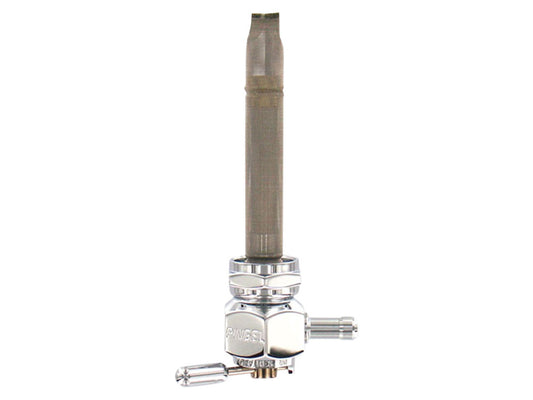 High-Flow Fuel Tap / Petcock with 22mm Thread, 5/16in. Backward Facing Fuel Outlet - Chrome. Fits Softail 1984-2006, Dyna 1991-2006, FXR 1982-1994, Touring 1988-2006, Sportster 1975-2006 & 4Spd Big Twin 1975-1986