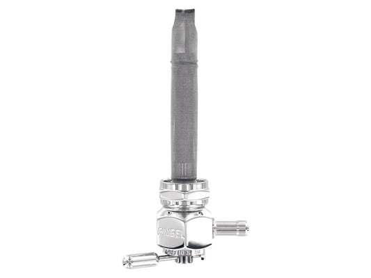 High-Flow Fuel Tap / Petcock with 22mm Thread, 5/16in. Inward Facing Fuel Outlet - Chrome. Fits Softail 1984-2006, Dyna 1991-2006, FXR 1982-1994, Touring 1988-2006, Sportster 1975-2006 & 4Spd Big Twin 1975-1986