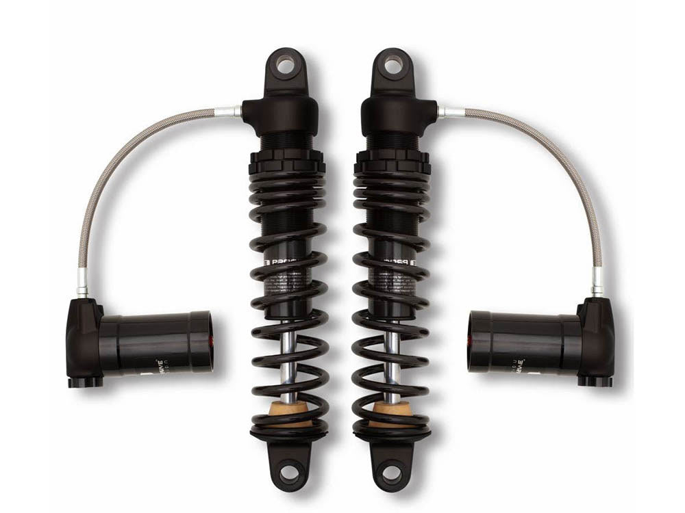 970 Series, 12in. Standard Spring Rate Rear Shock Absorbers with Remote Reservoir - Black. Fits Touring 1980up with 5 or 6 Speed Transmission.