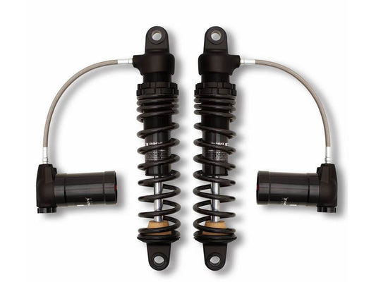 970 Series, 12in. Standard Spring Rate Rear Shock Absorbers with Remote Reservoir - Black. Fits Touring 1980up with 5 or 6 Speed Transmission.