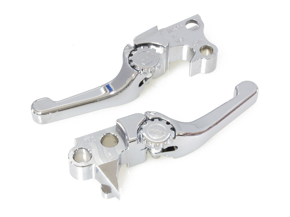 Adjustable Shorty Anthem Levers - Chrome. Fits Softail 1996-2014, Dyna 1996-2017, Touring 1996-2007, Sportster 1996-2003.