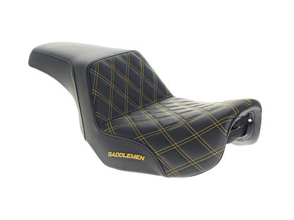 Step-Up LS Dual Seat with Gold Double Diamond Lattice Stitch. Fits Dyna 2006-2017.