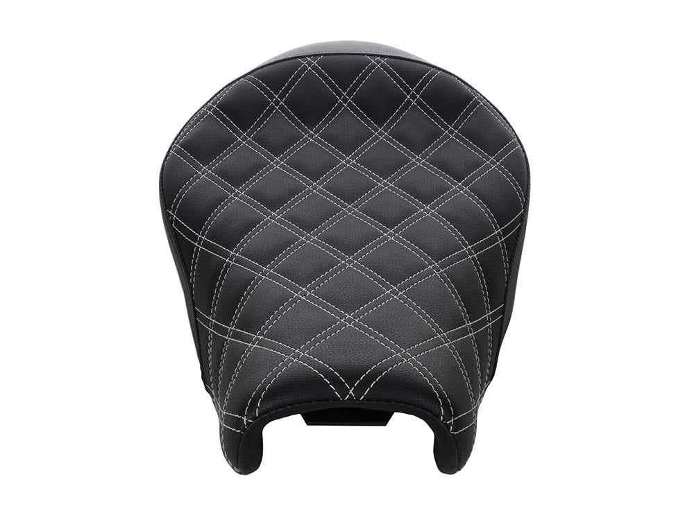 Renegade LS Solo Seat with White Double Diamond Lattice Stitch. Fits Sportster 2004-2021 with 3.3 Gallon Fuel Tank.