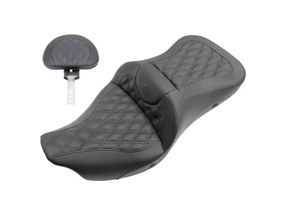 Heated Roadsofa LS Dual Seat With Backrest & Black Double Diamond Lattice Stitch. Fits Most Touring 2008-2024
