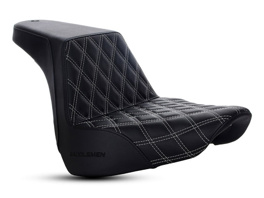 Step-Up Front LS Dual Seat with Silver Double Diamond Lattice Stitch. Fits Fat Boy 2018up & Breakout 2023up