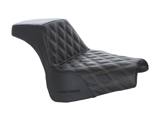 Step-Up LS Dual Seat with Gold Double Diamond Lattice Stitch. Fits Fat Bob 2018-2024
