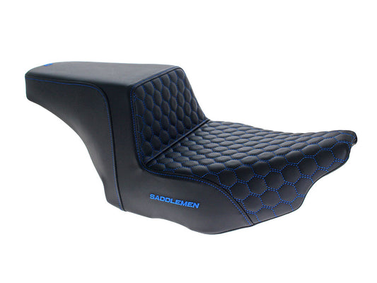 Step-Up HC Dual Seat with Blue Honeycomb Stitch. Fits CVO Touring 2023up, Street Glide & Road Glide 2024up, Touring 2025up