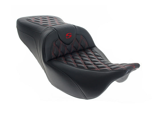 Roadsofa LS Dual Seat with Red Double Diamond Lattice Stitch. Fits CVO Touring 2023up, Street Glide & Road Glide 2024up, Touring 2025up