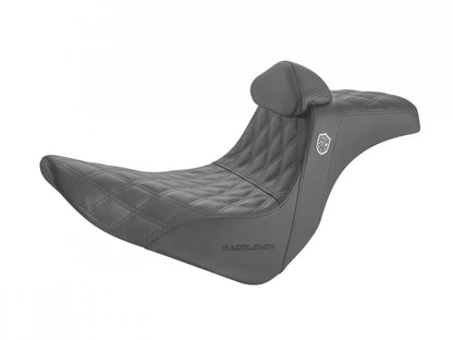 Pro Series San Diego Customs Performance Gripper Dual Seat with Backrest & Black Stitch. Fits Sport Glide & Low Rider 2018up, Low Rider S 2020up & Low Rider ST 2022up