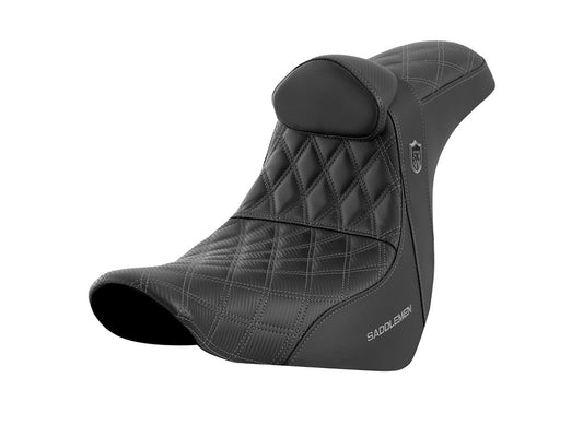 Pro Series San Diego Customs Performance Gripper Dual Seat with Backrest & Dark Grey Stitch. Fits Sport Glide & Low Rider 2018up, Low Rider S 2020up & Low Rider ST 2022up