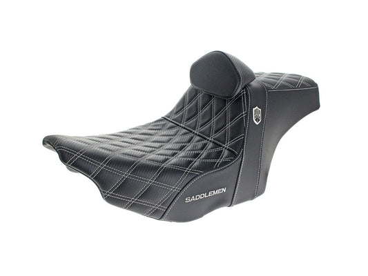 Step-Up San Diego Customs Pro Series Gripper Dual Seat With Backrest & White Stitch. Fits CVO Touring 2023up, Street Glide & Road Glide 2024up, Touring 2025up