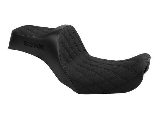Highnoon Dual Seat with Black Double Diamond Stitch. Fits Dyna 2006-2017