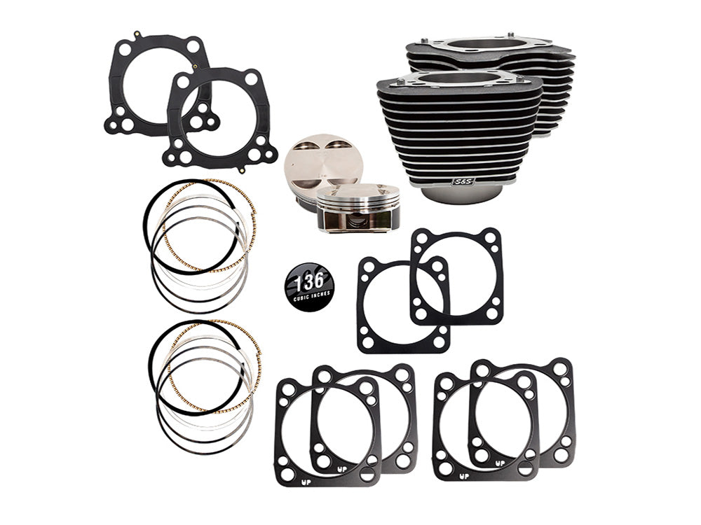 136ci Big Bore Kit with Highlighted Fins - Black Granite. 12.0:1 Compression. Fits CVO Milwaukee-Eight 2023up with 121ci Engine
