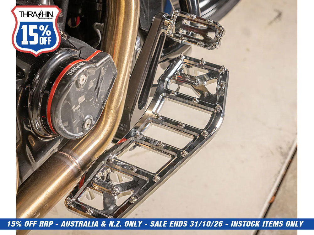 Aggressor Rider Floorboards - Chrome. Fits Touring 1980up, FL Softail 1986-2017 & Dyna Switchback 2012-2016
