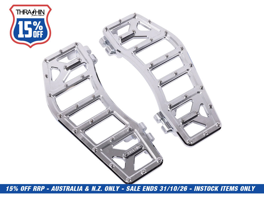 Aggressor Rider Floorboards - Chrome. Fits Touring 1980up, FL Softail 1986-2017 & Dyna Switchback 2012-2016