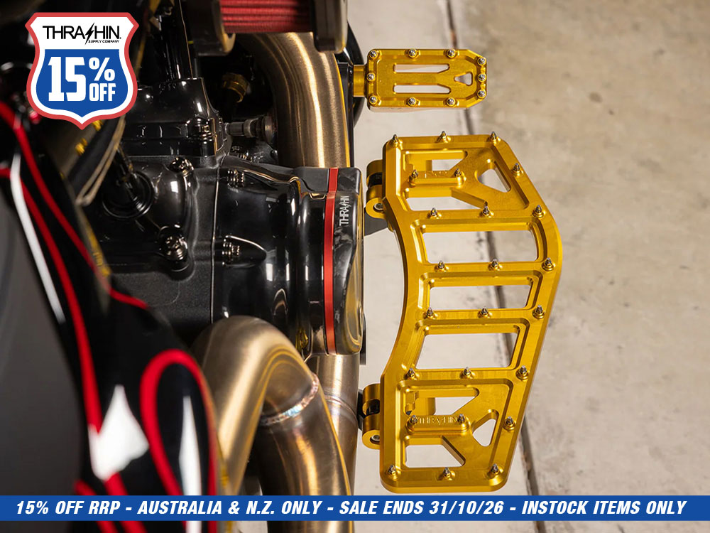 Aggressor Rider Floorboards - Gold. Fits Touring 1980up, FL Softail 1986-2017 & Dyna Switchback 2012-2016