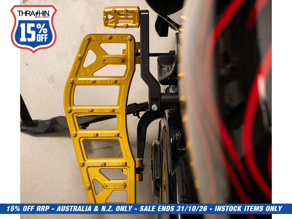 Aggressor Rider Floorboards - Gold. Fits Touring 1980up, FL Softail 1986-2017 & Dyna Switchback 2012-2016