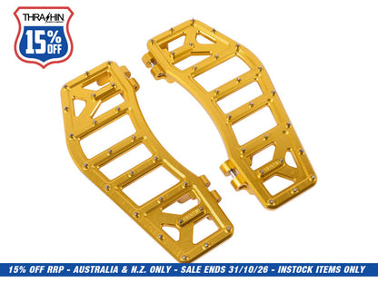 Aggressor Rider Floorboards - Gold. Fits Touring 1980up, FL Softail 1986-2017 & Dyna Switchback 2012-2016