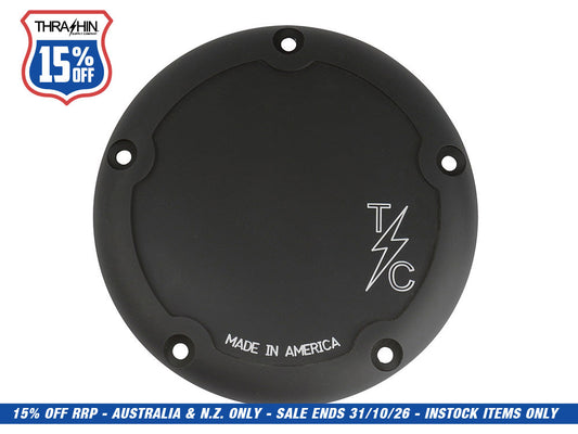 5-Hole Dished Billet Derby Cover - Black. Fits Softail 1999-2018, Dyna 1999-2017 & Touring 1999-2015.