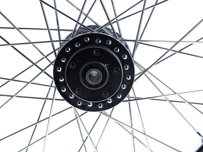 21in. x 2.15in. Front 40 Spoke Cross Laced Wheel - Chrome. Fits Narrow Glide Dyna 1991-1999, FXR 1984-1994 & Sportster 1984-1999.